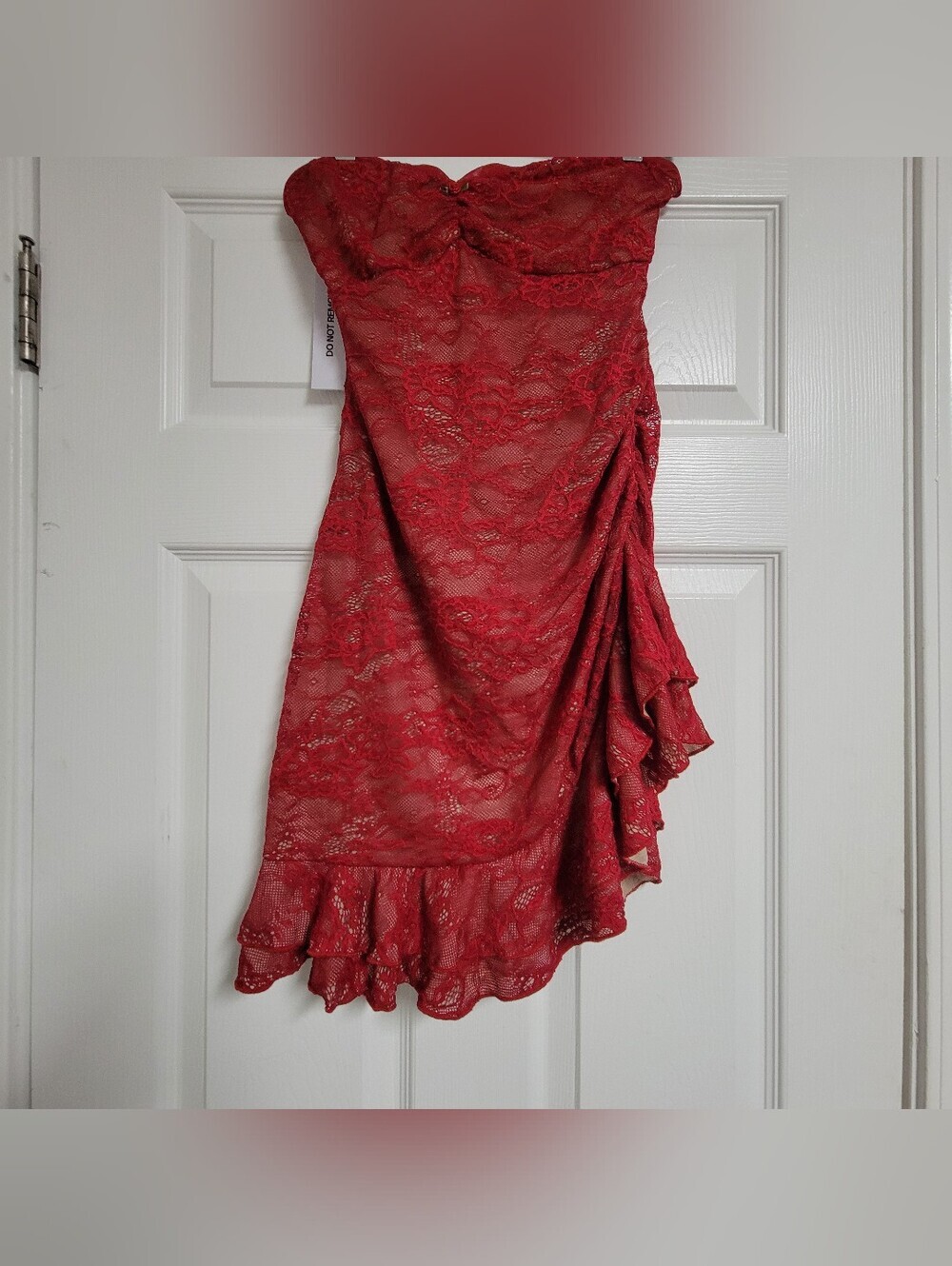 Princess Polly NWT Strapless Red Lace Ruched Mini Dress. - Picture 6 of 14